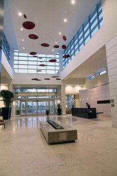Hotel entrance and lobby at Embassy Suites Ontario Airport
