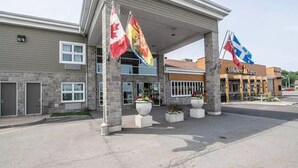 Et hotel med overdækket indgang, stenfassade og flag.