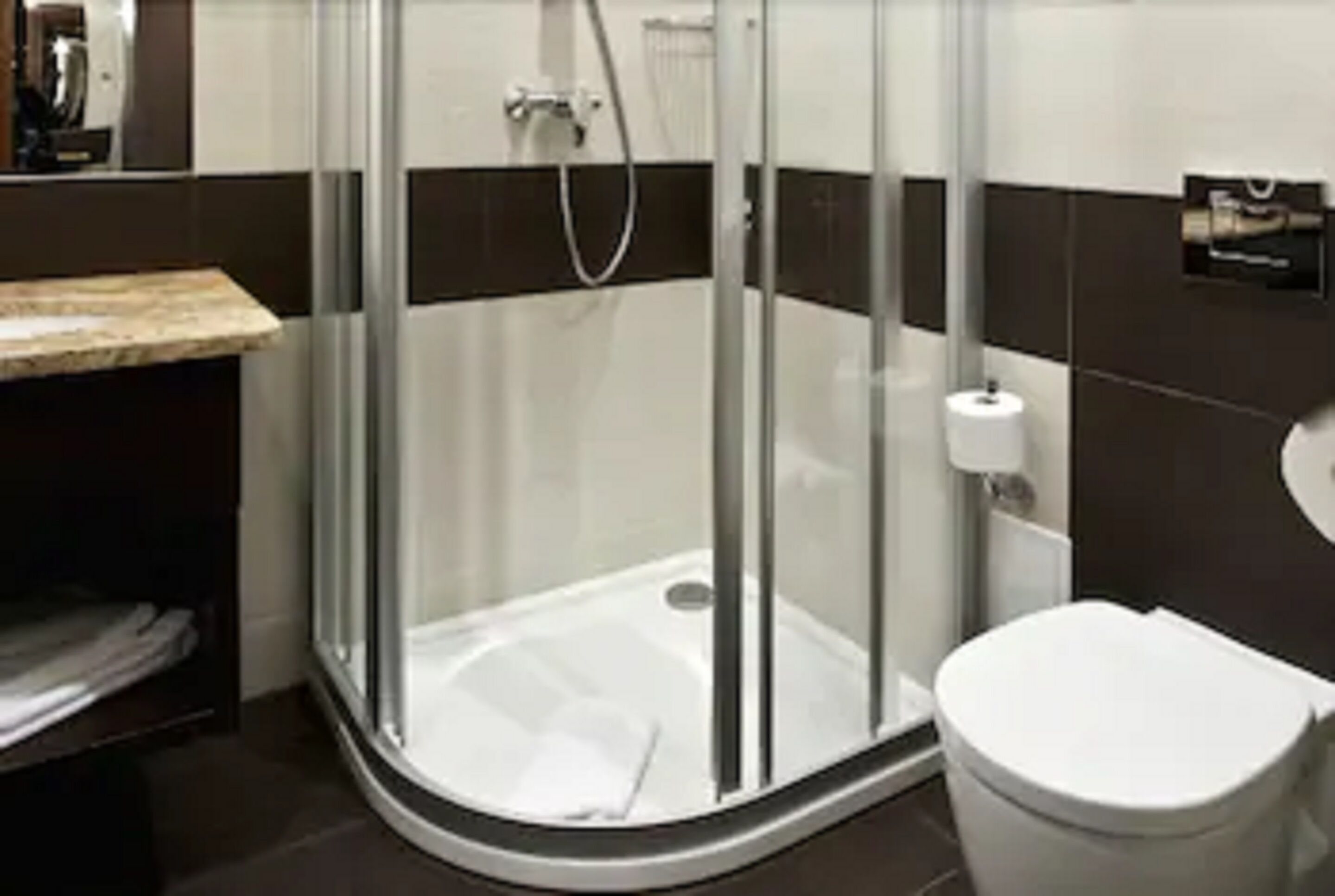 A modern bathroom with a glass shower enclosure, a toilet, and a sink.