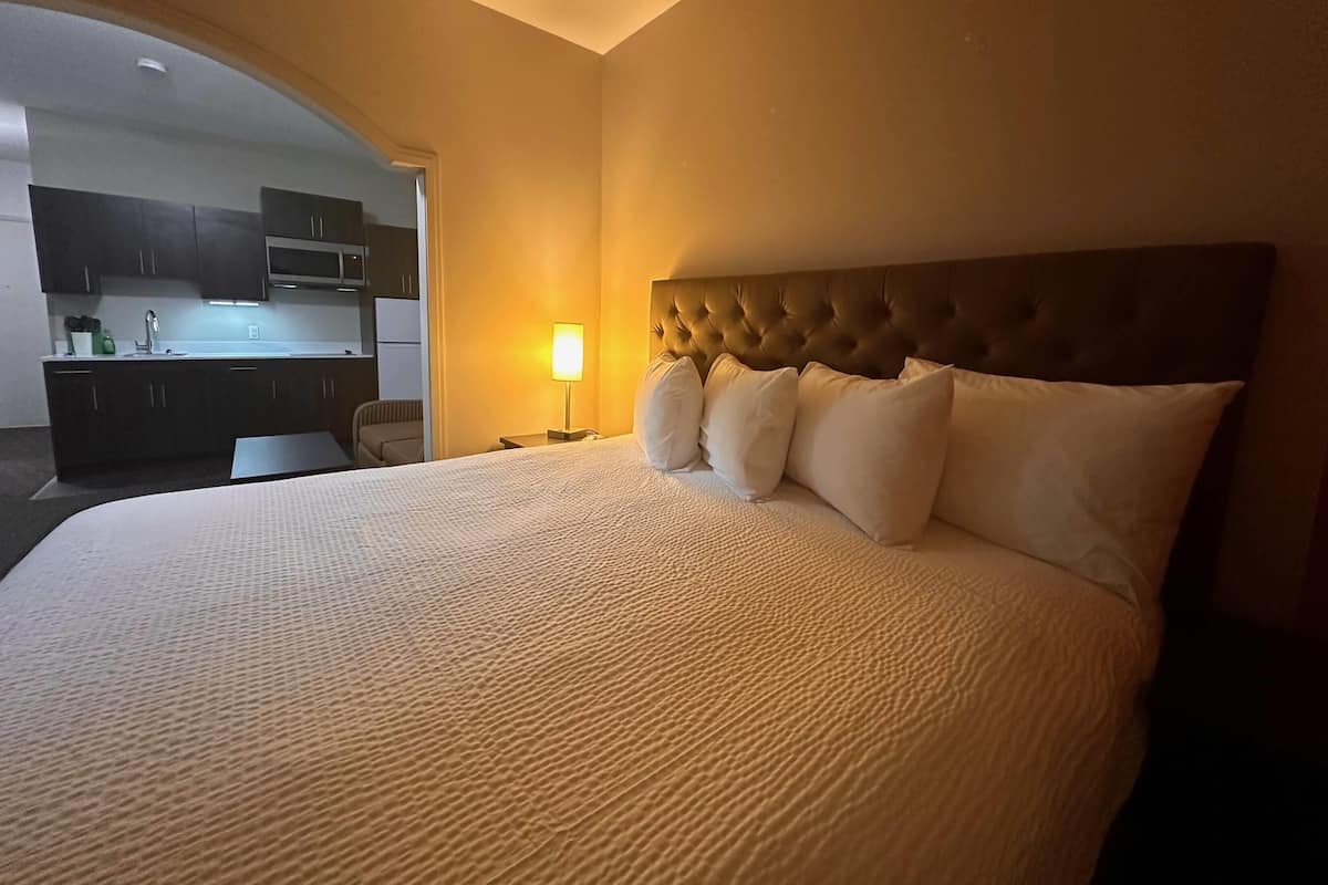 A hotel room with a large bed, a nightstand with a lamp, a view of the kitchen, and a curved ceiling.