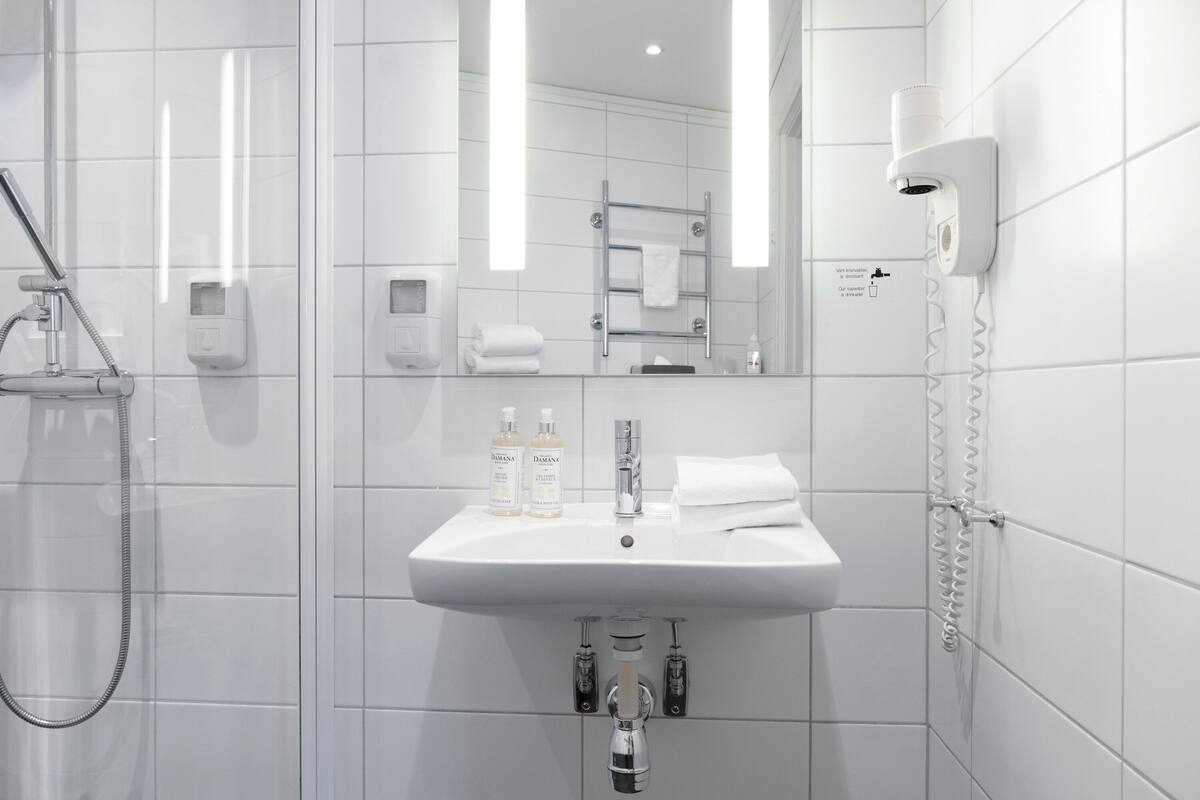 free toiletries, hair dryer, towels