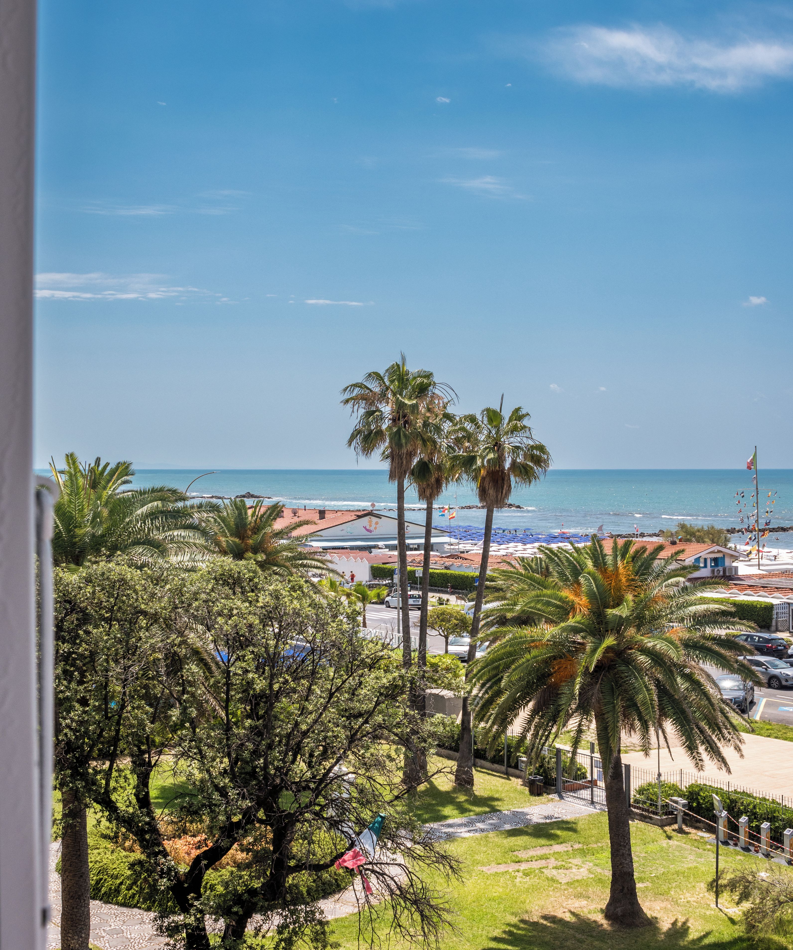 A coastal view with palm trees, a beach, and a clear sky.