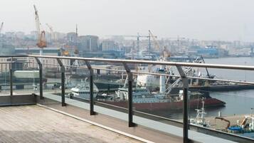Vista desde un balcón con vistas a un puerto deportivo con barcos y grúas.
