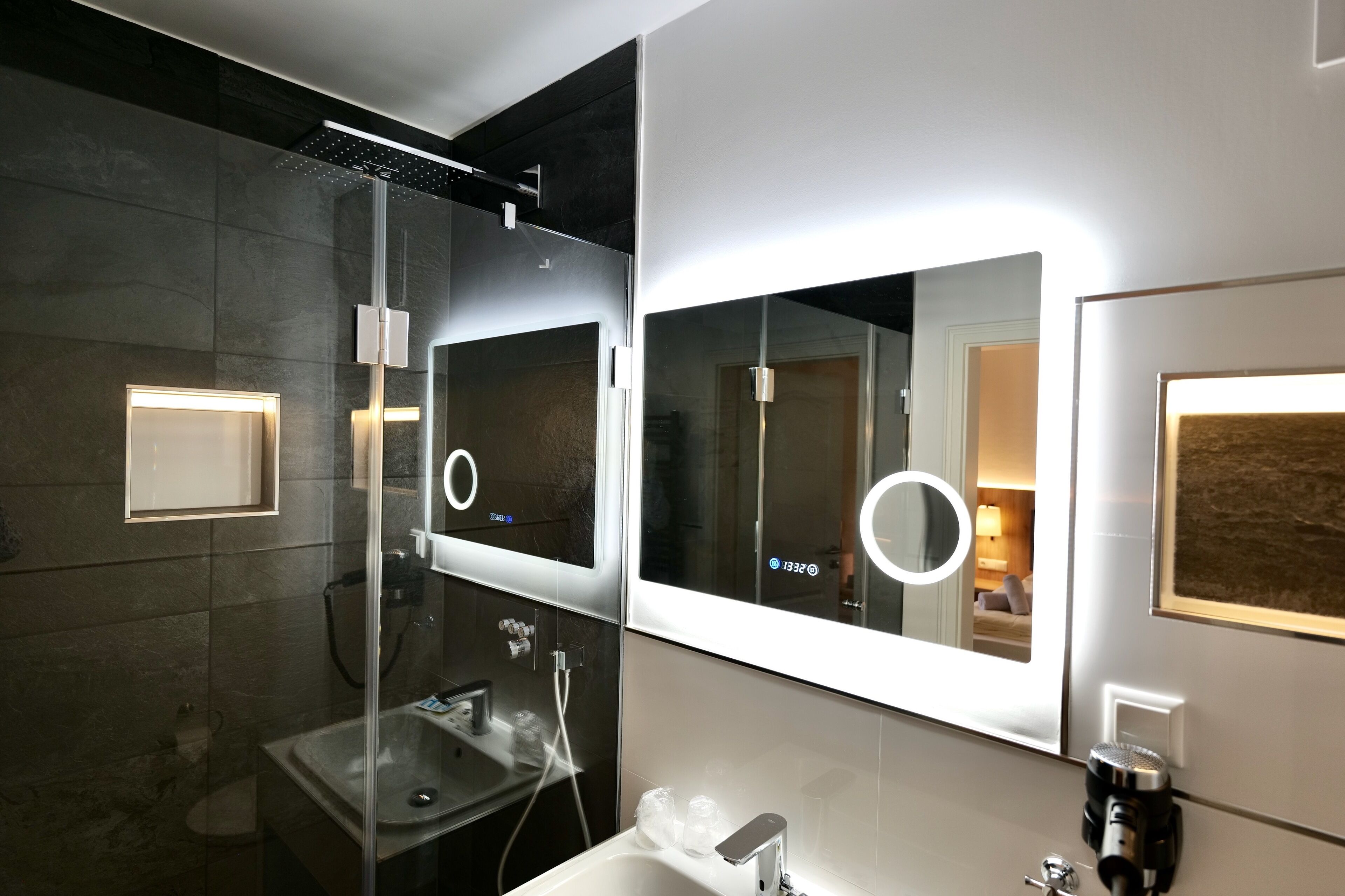 comfort double room | bathroom | shower, hair dryer, towels