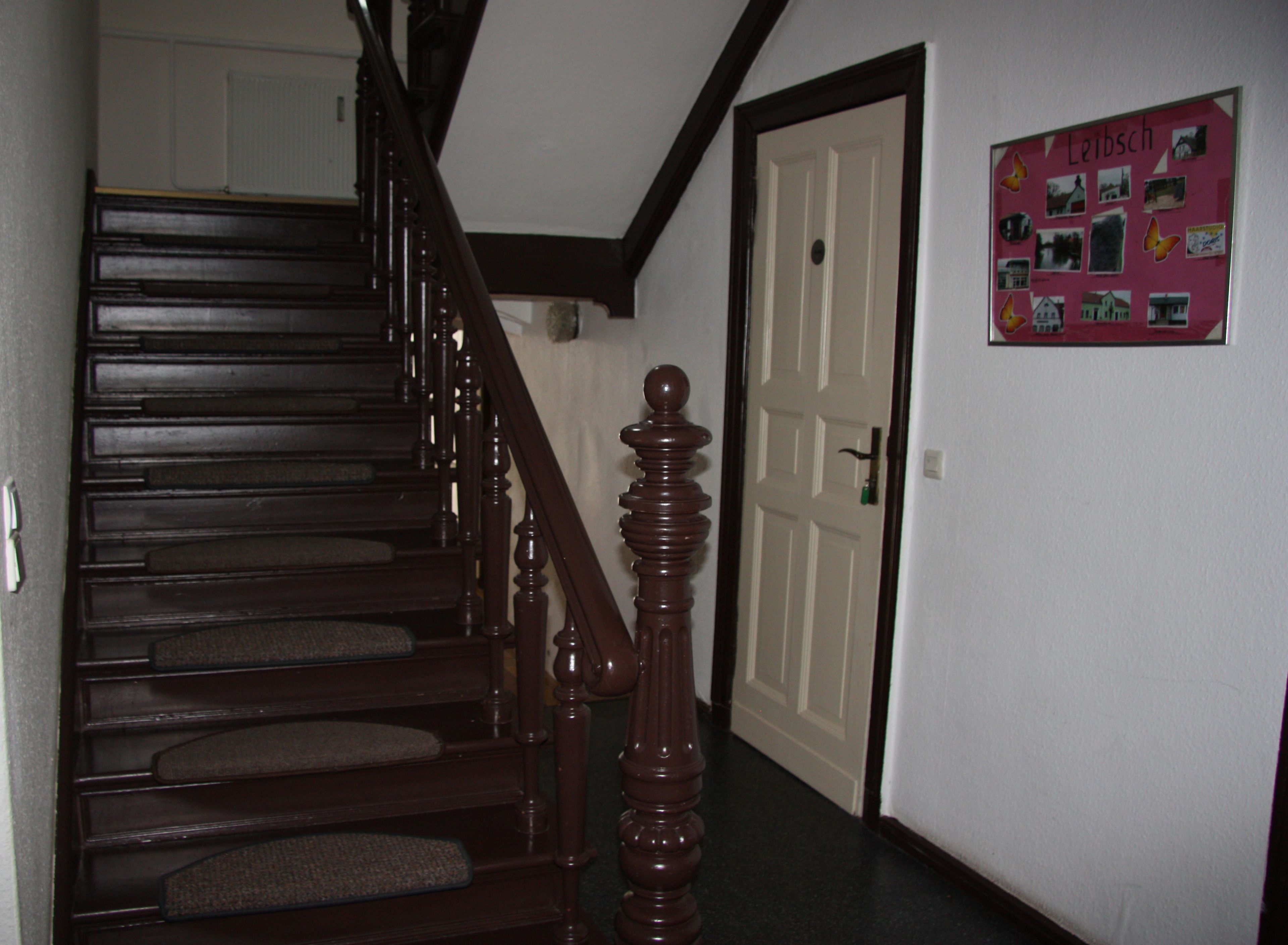 A wooden staircase with carpeted steps leading to a door.