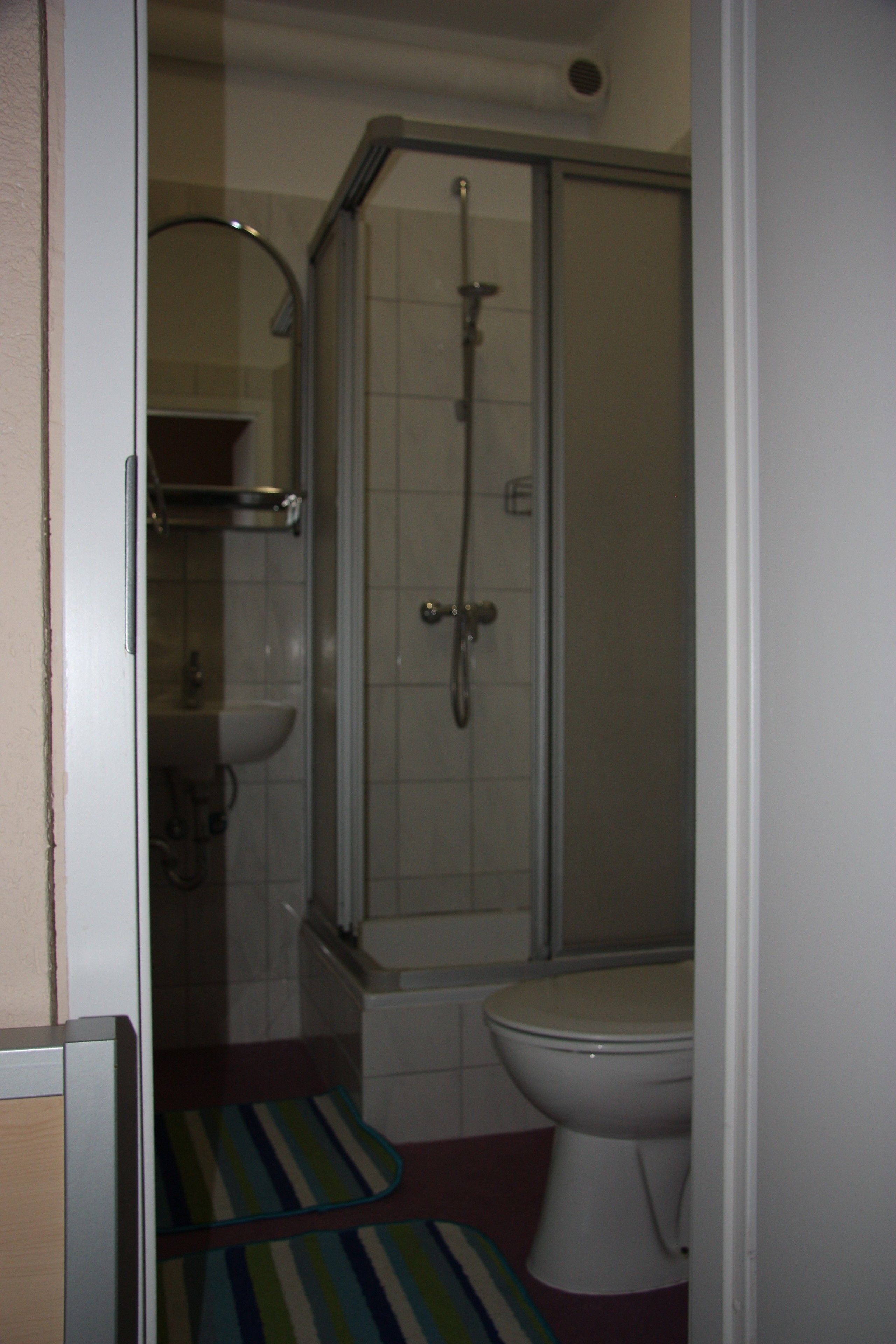 A bathroom with a shower, toilet, and sink.