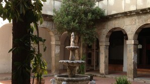 A courtyard with a stone fountain, a tree, and a potted plant. - Hotel Palacio Blanco (Velez-Malaga)