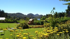 A rural landscape with a wooden cabin, a grassy field, and mountains in the background.
