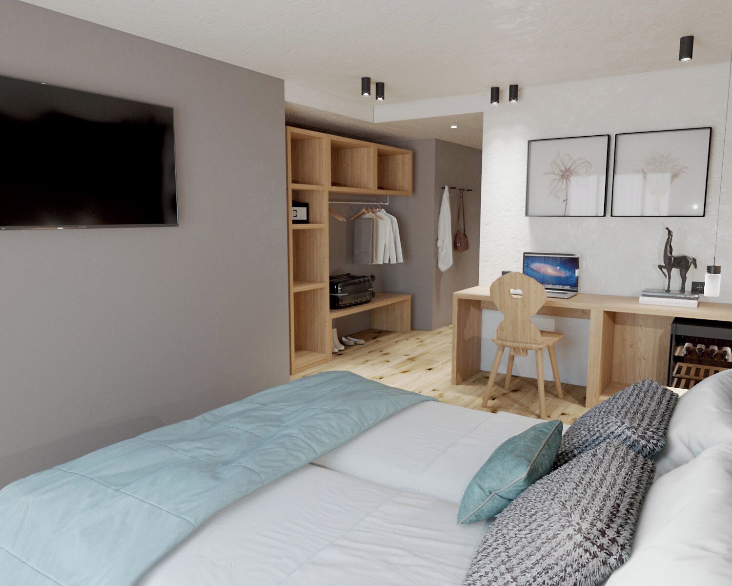 Une chambre à coucher comprenant un lit, un bureau, une chaise, un téléviseur et une armoire.