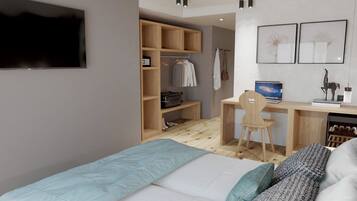 Une chambre à coucher comprenant un lit, un bureau, une chaise, un téléviseur et une armoire.