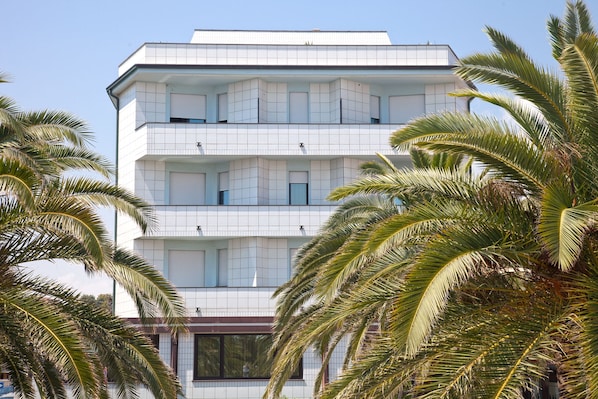 Guests can enjoy balconies with outdoor space on each floor.