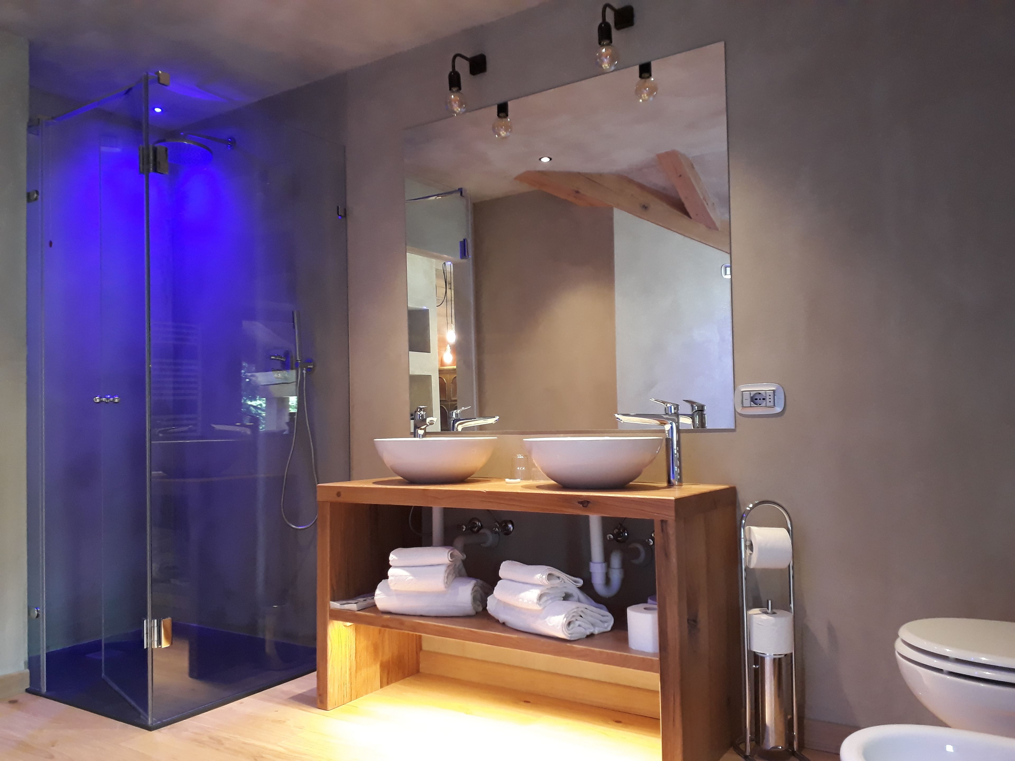 Une salle de bain moderne avec une douche à parois de verre, un meuble-lavabo en bois doté de deux vasques et des toilettes.
