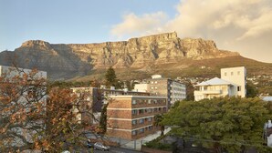 Zona residencial con una montaña destacada al fondo, edificios modernos y una combinación de árboles y coches estacionados.