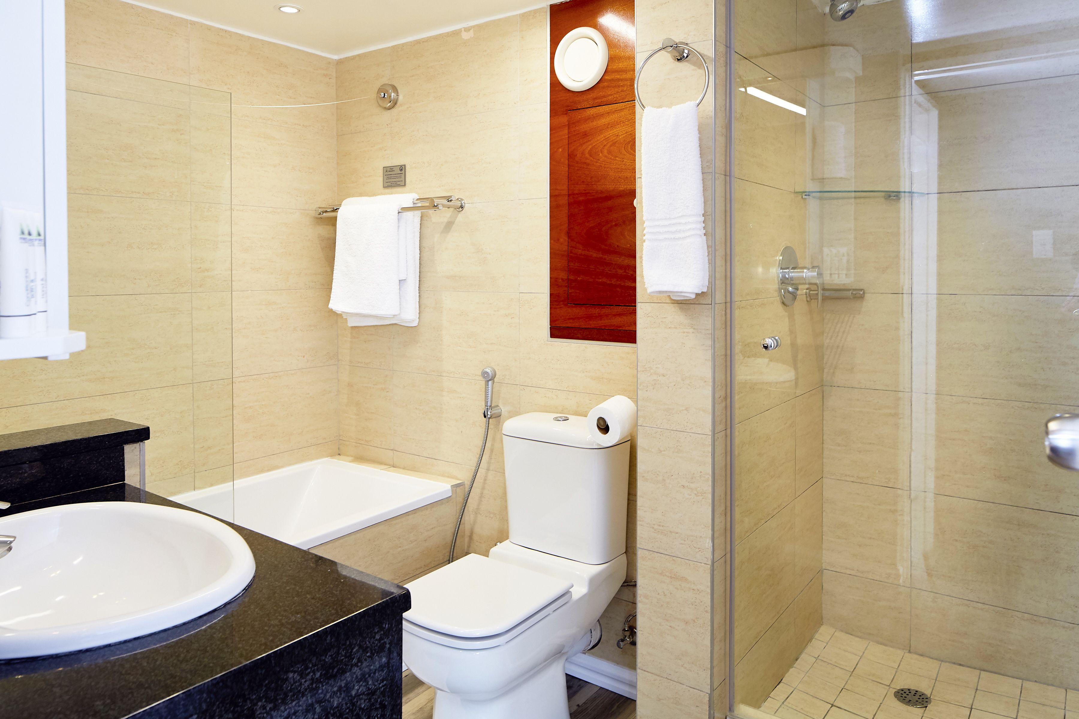 A modern bathroom with a sink, toilet, and shower.