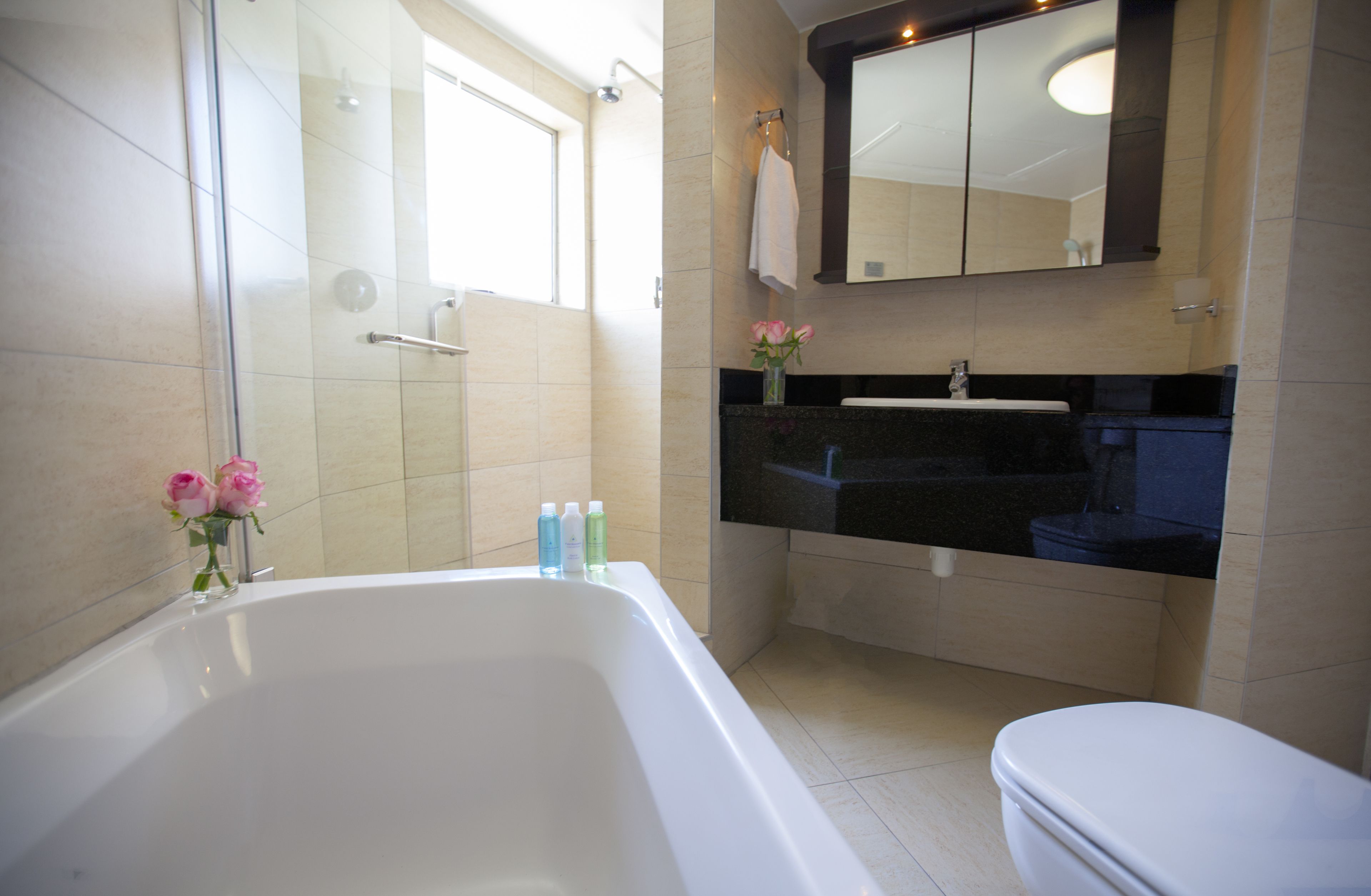 Une salle de bain moderne équipée d’une baignoire, de toilettes et d’un espace douche.
