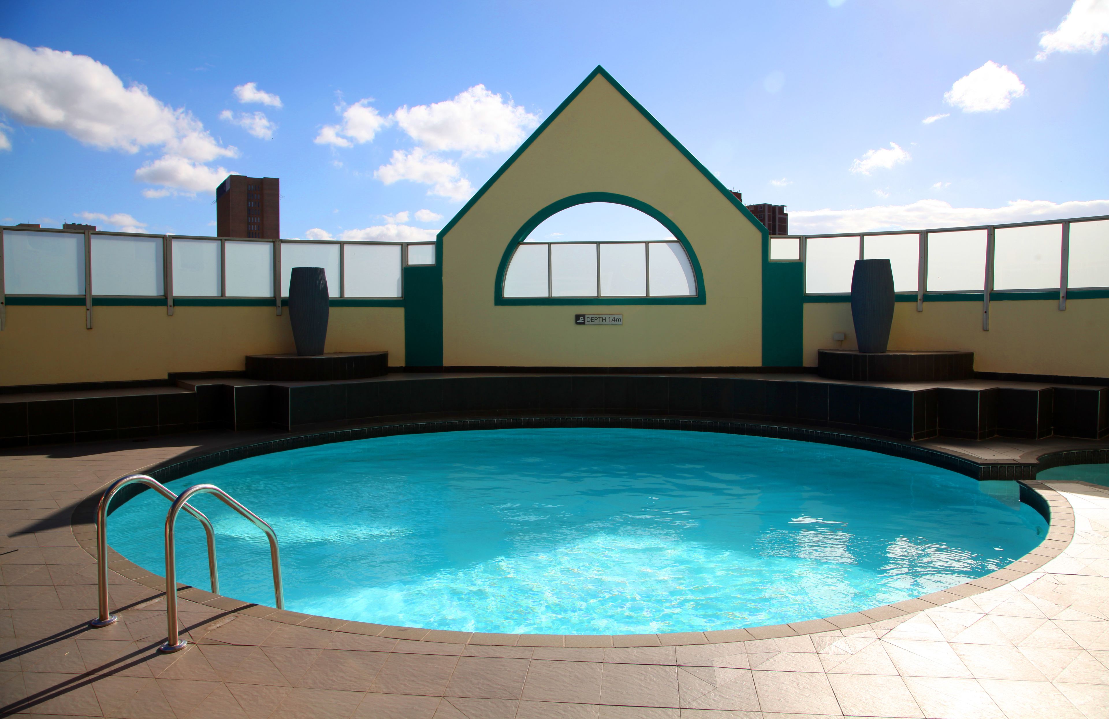 Outdoor pool, pool umbrellas, pool loungers