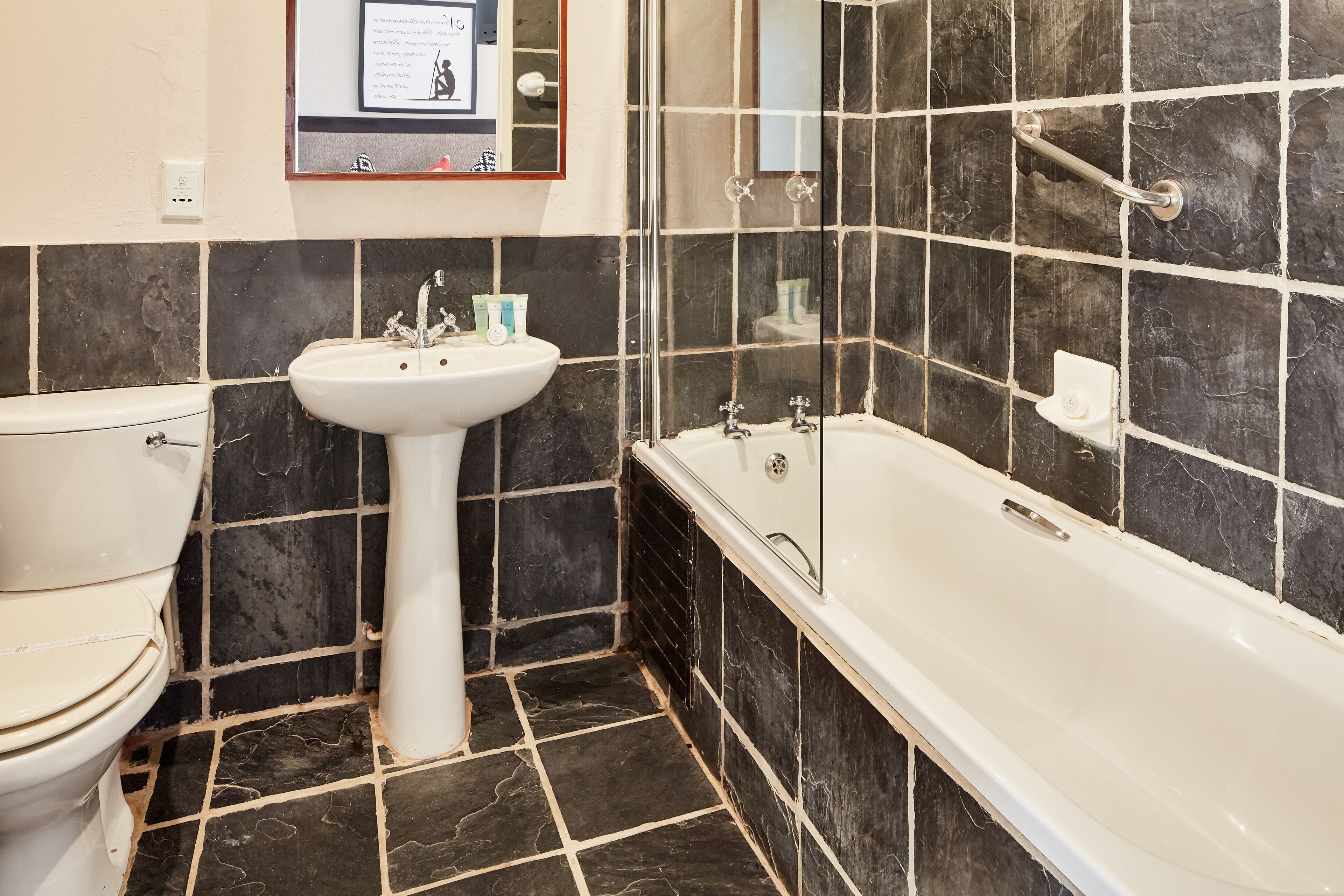 combined shower/bathtub, free toiletries, hair dryer, towels