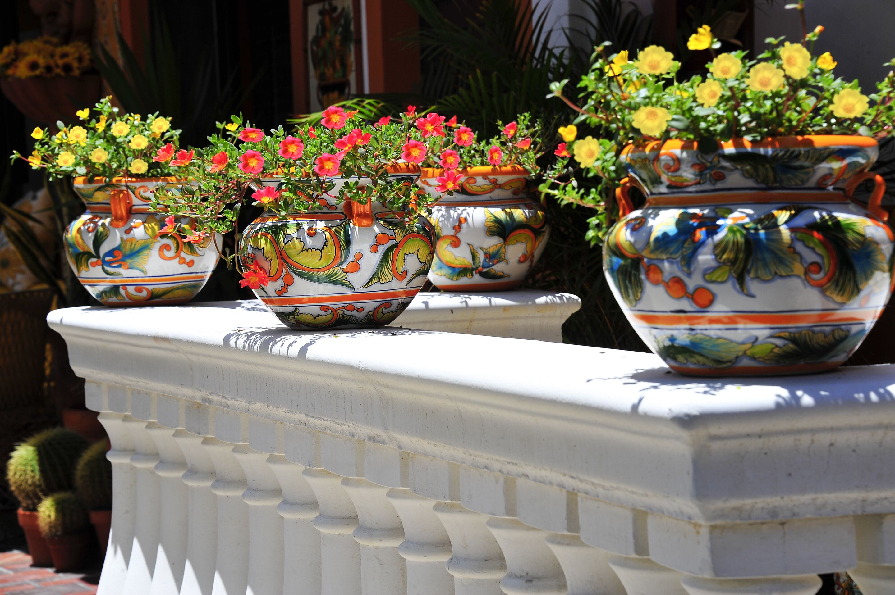 Une rangée de pots en céramique richement décorés, ornés de fleurs, est posée sur une balustrade blanche.