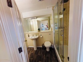Un baño con ducha de vidrio, lavamanos e inodoro.