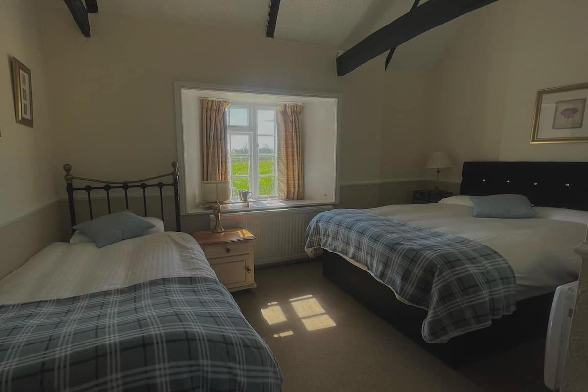 Une chambre avec deux lits, une fenêtre avec des rideaux, une table de chevet et un radiateur.