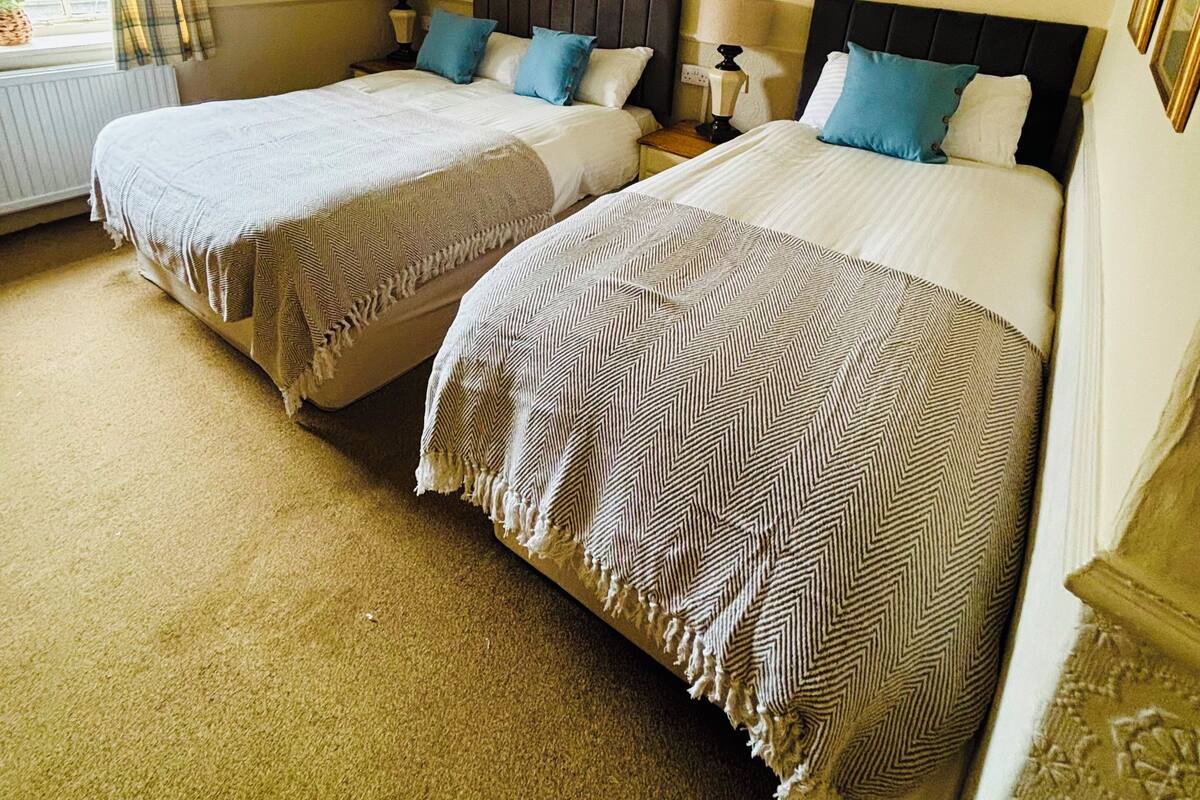 Une chambre d’hôtel avec deux lits simples, chacun agrémenté d’une couvre-lit et de coussins à motifs, une table de chevet avec une lampe et une fenêtre avec des rideaux.