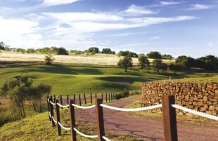 Paisaje rural con un muro de piedra y una barrera de cuerda.
