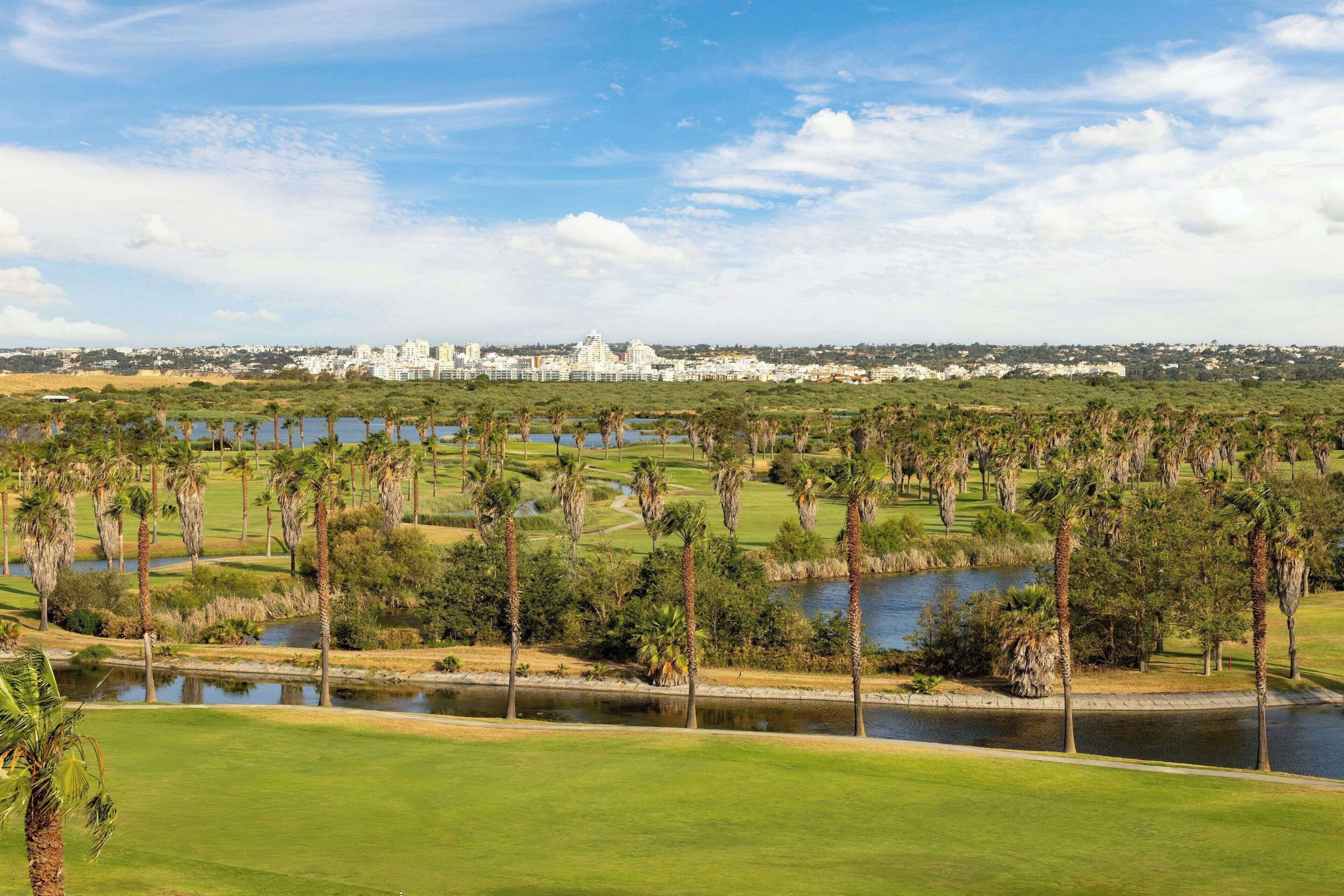 Campo de golf con un cuerpo de agua, palmeras y un complejo de edificios al fondo.