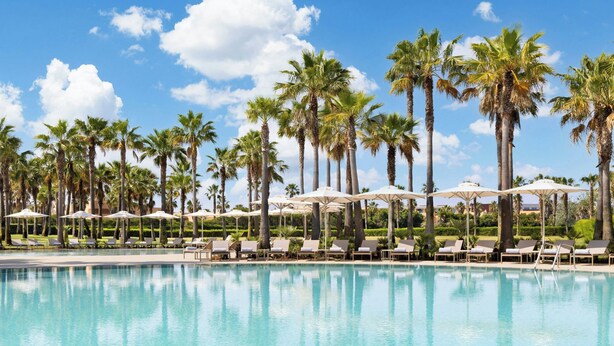 A pool area with lounge chairs and umbrellas, surrounded by palm trees. - Algarve Marriott Salgados Golf Resort & Spa (Albufeira)
