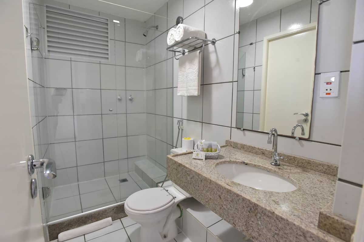 shower, free toiletries, hair dryer, towels