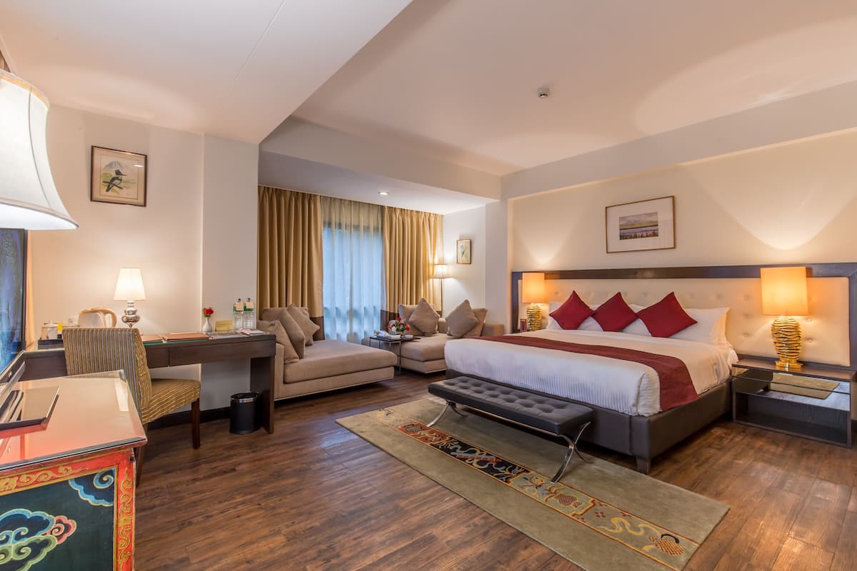 Una habitación de hotel con una cama, dos sofás, un escritorio y una computadora.