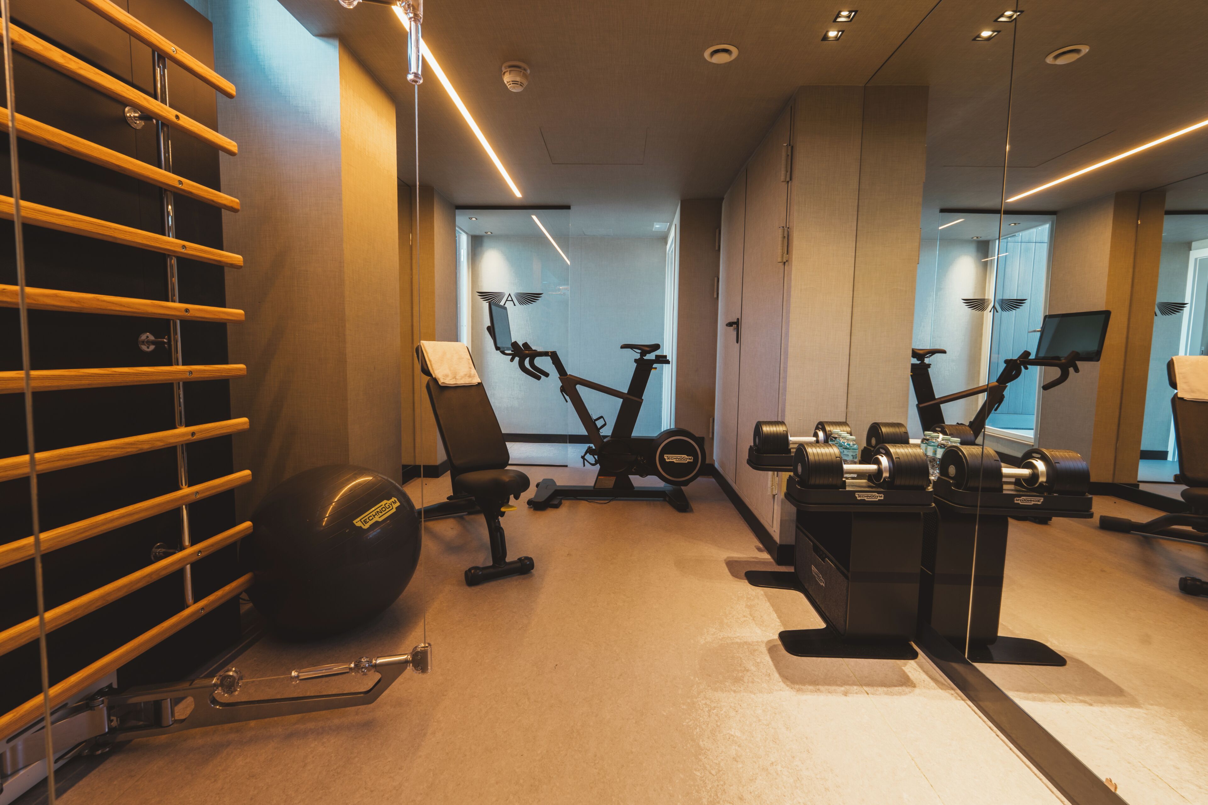 Un gimnasio con equipo de ejercicio, un espejo grande y un estante con mancuernas.