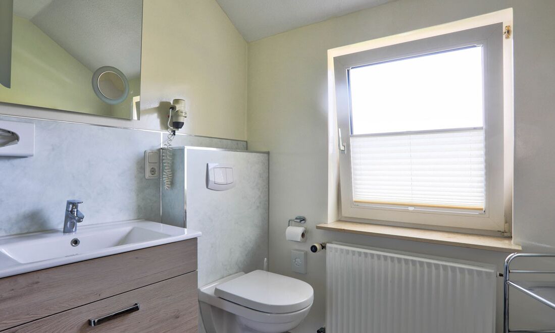 A bathroom with a sink, mirror, toilet, and window.
