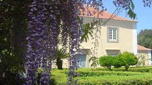A building with a red-tiled roof, a window, and a well-maintained garden with hedges and a tree. - Quinta do Scoto (Sintra)