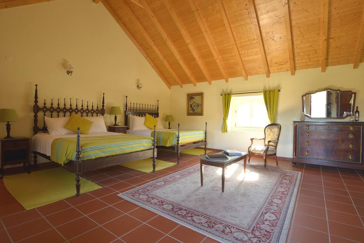 A bedroom with two beds, a wooden ceiling, a large rug, and a dresser.
