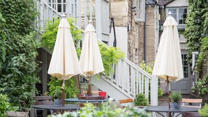 Outdoor seating with umbrellas, a staircase, and greenery. - The Lion Inn (Cheltenham)