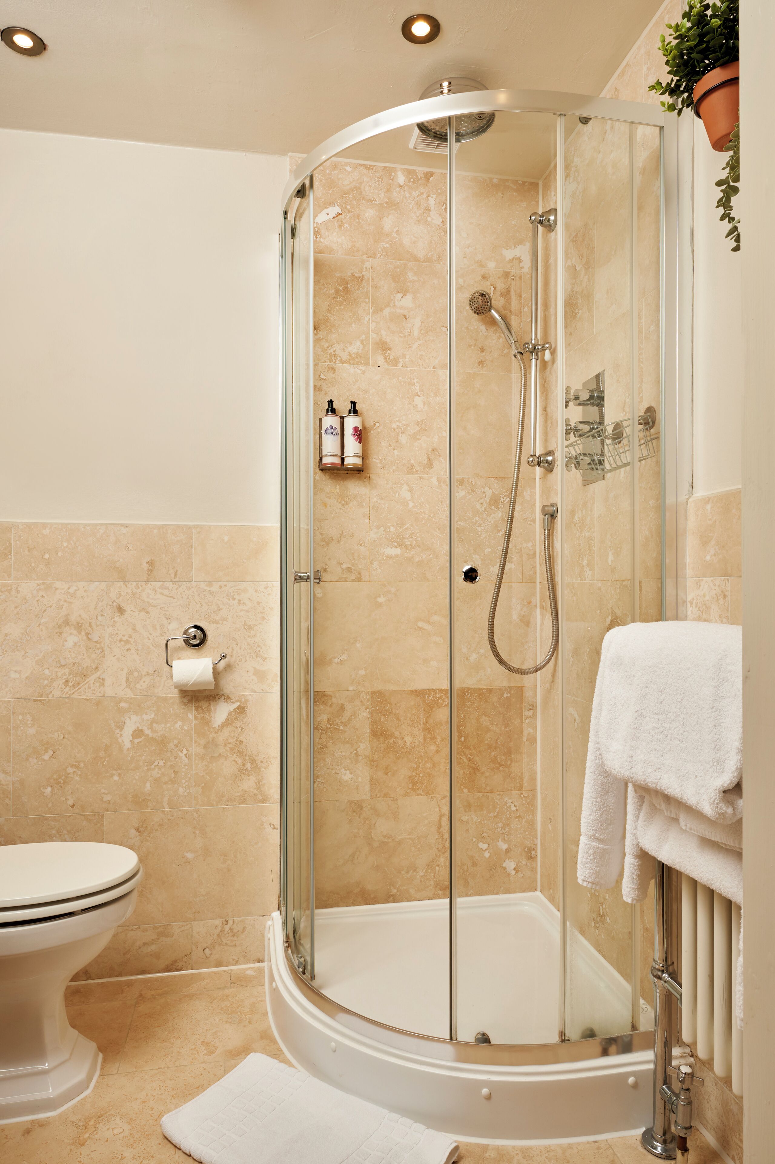 Un bagno moderno con doccia vetrata, WC e vasca da bagno.