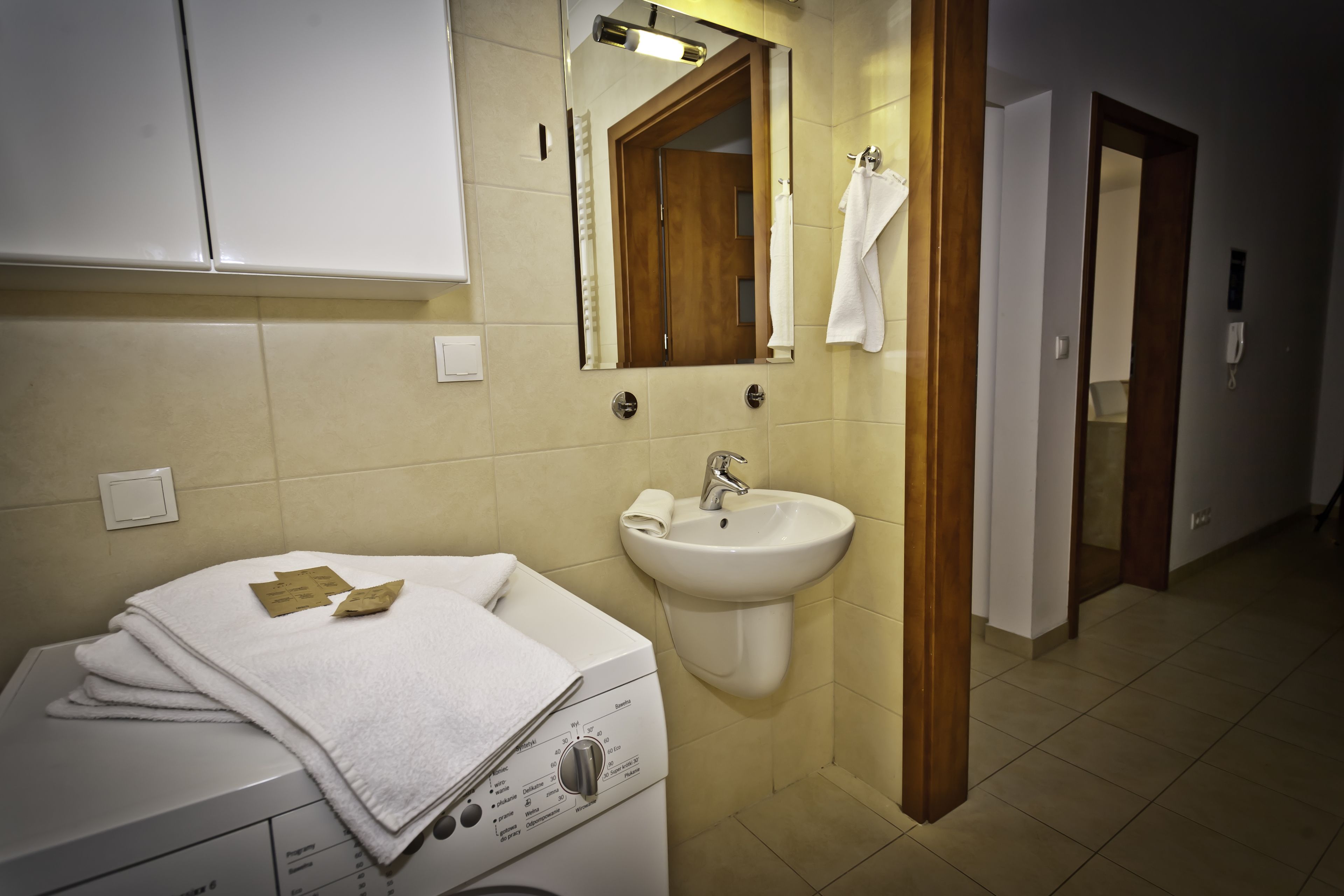 A hotel bathroom with a washing machine, a sink, and a mirror.
