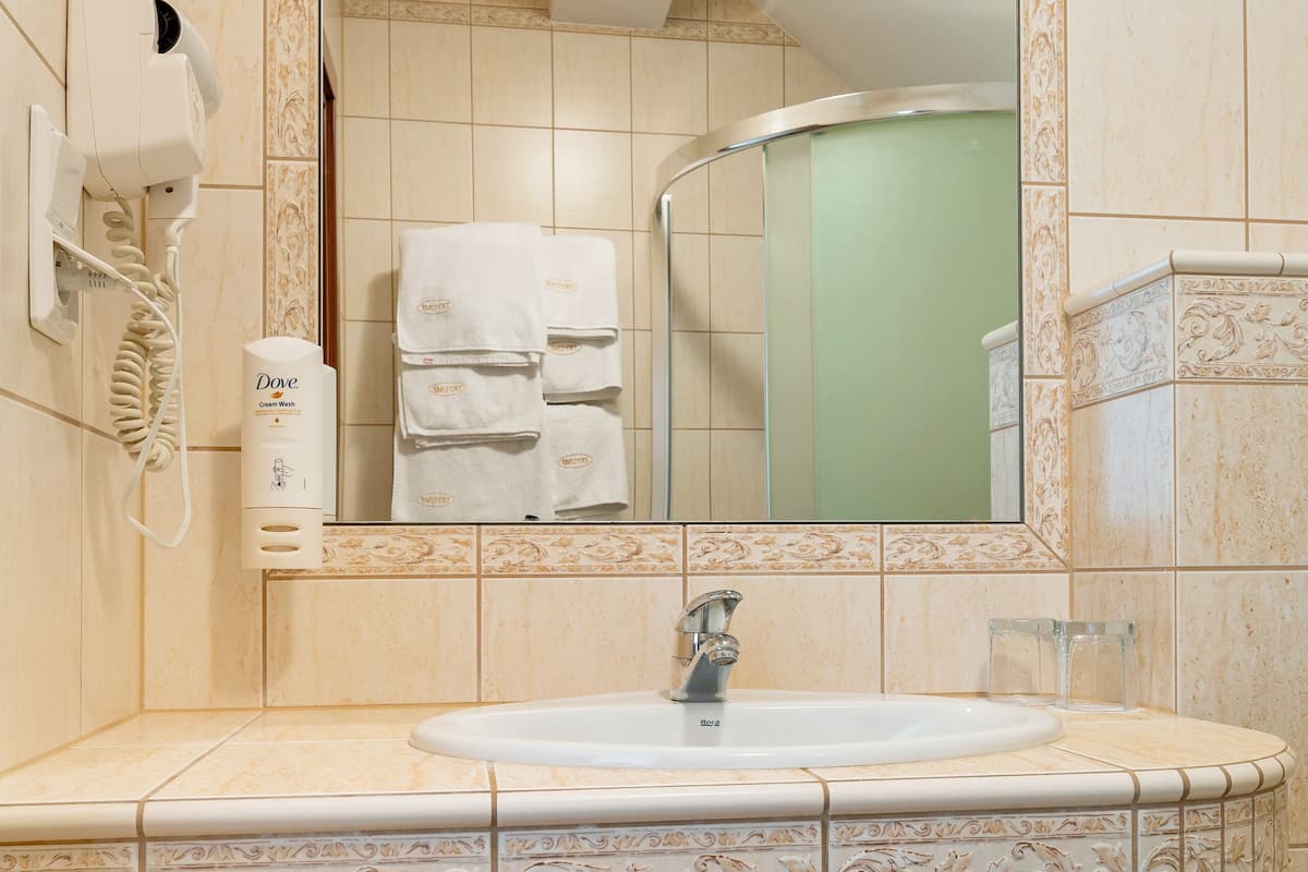 deluxe double room | bathroom | shower, hair dryer, towels