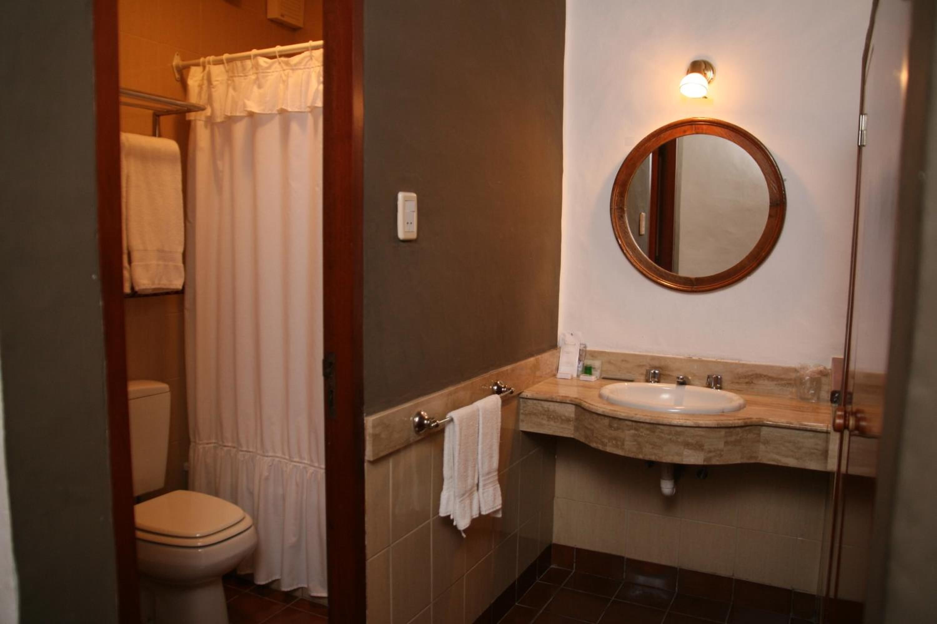 A bathroom with a toilet, a sink, a mirror, and a shower curtain.