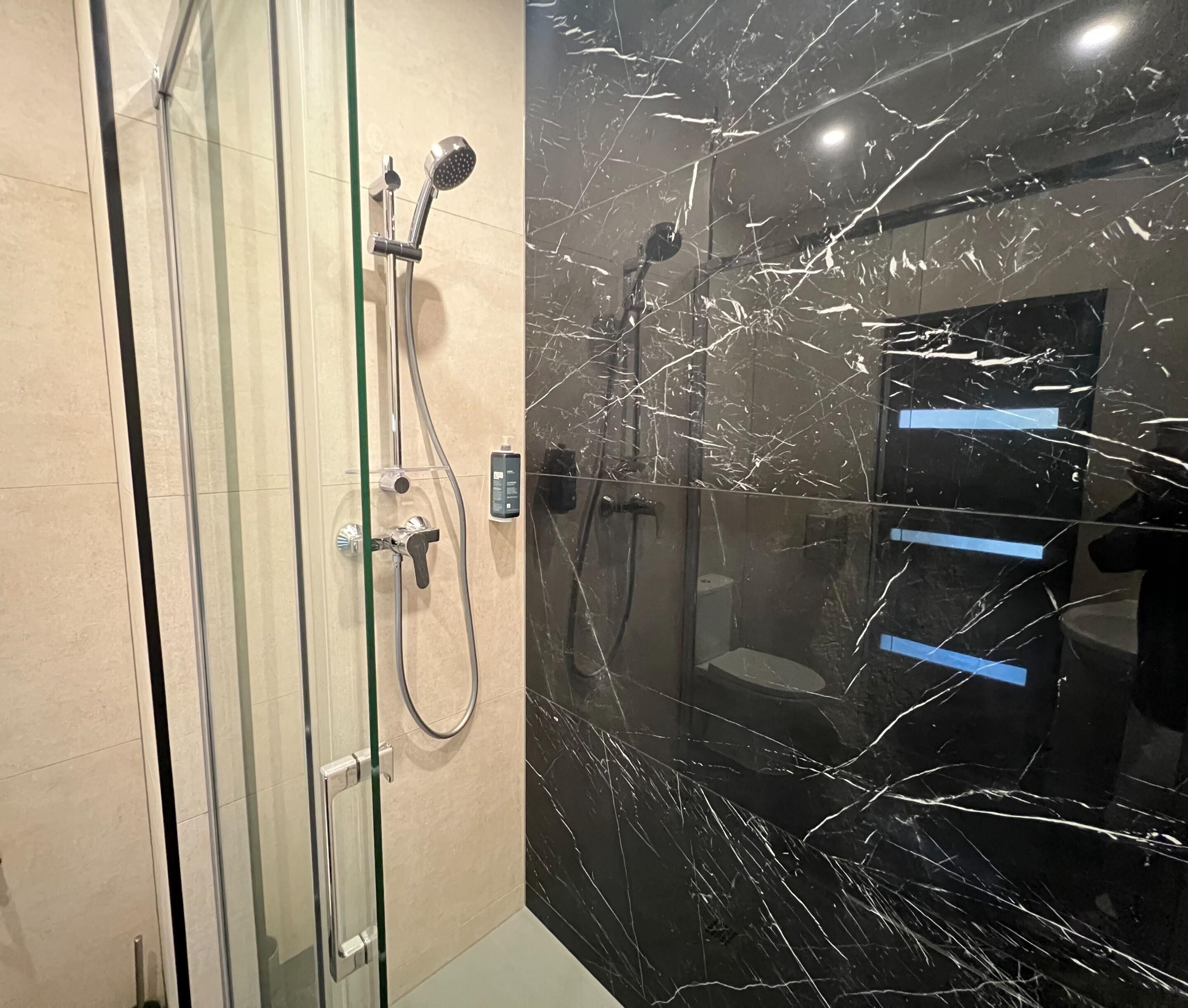 Un baño moderno con cabina de ducha de vidrio, pared de mármol negro y ducha de mano.