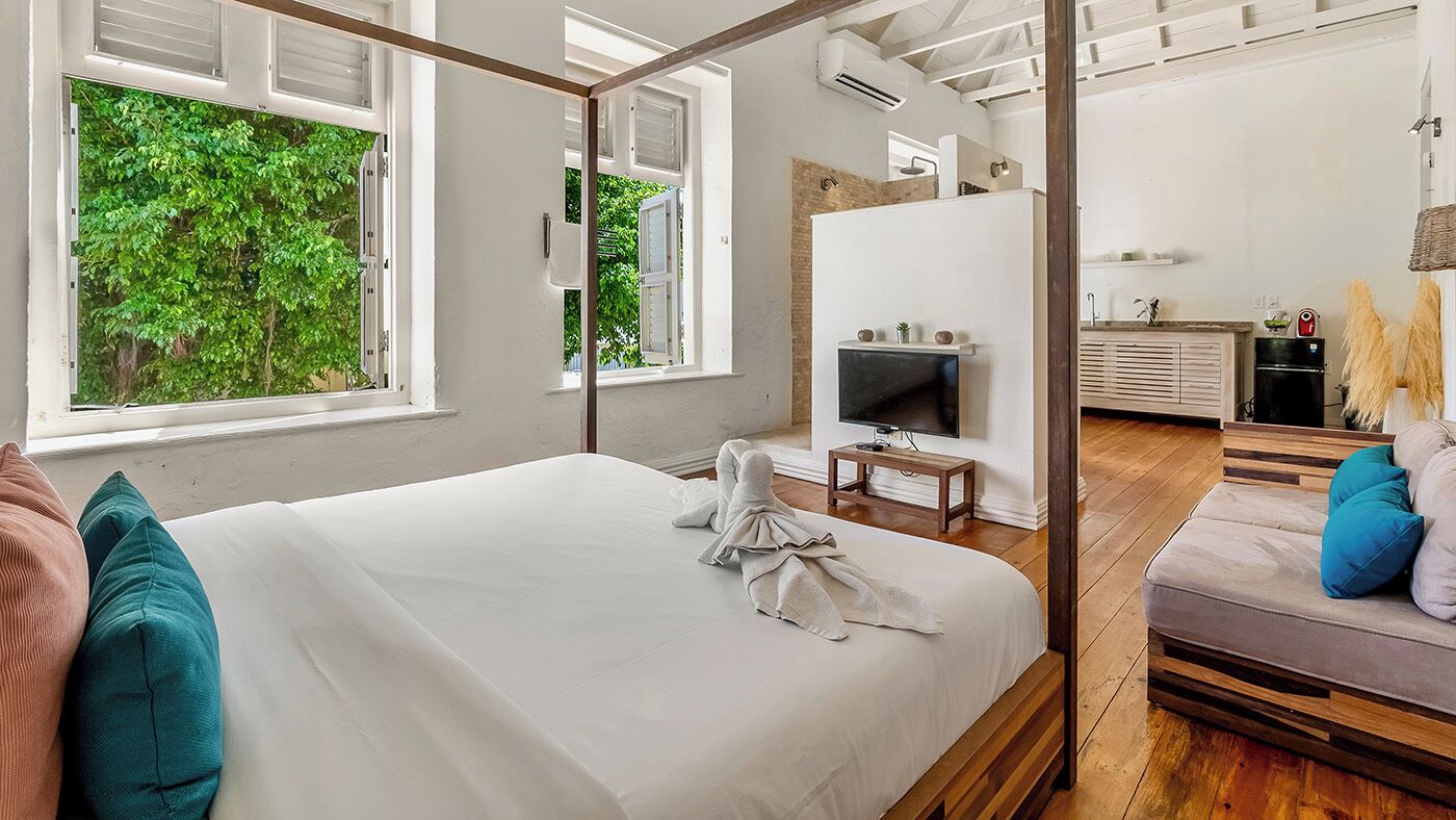 Een slaapkamer met een groot bed, een televisie, een houten vloer en uitzicht op groen.