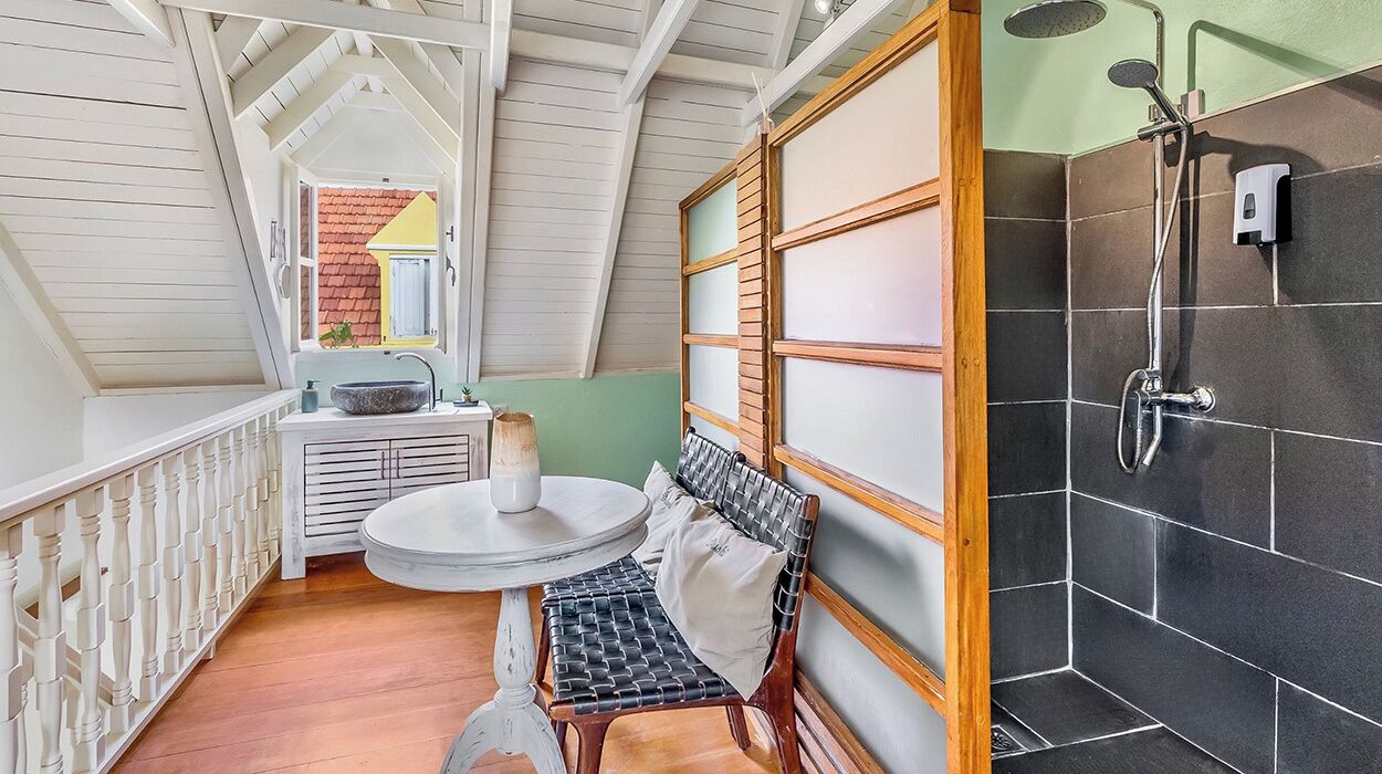 standard room | bathroom | shower, rainfall showerhead, hair dryer, towels