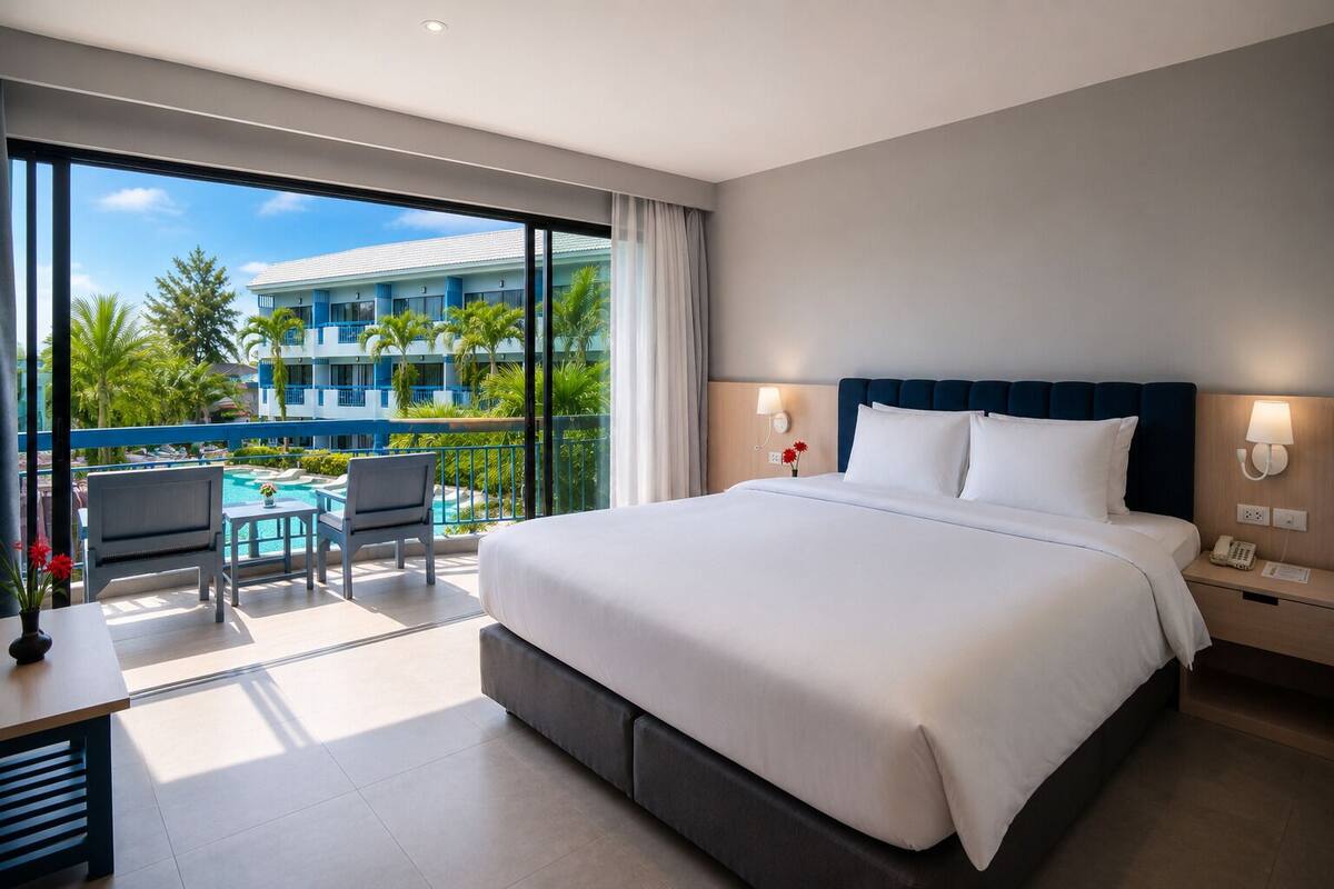 A hotel room with a large bed, a desk, a chair, a nightstand, and a view of a pool and building.