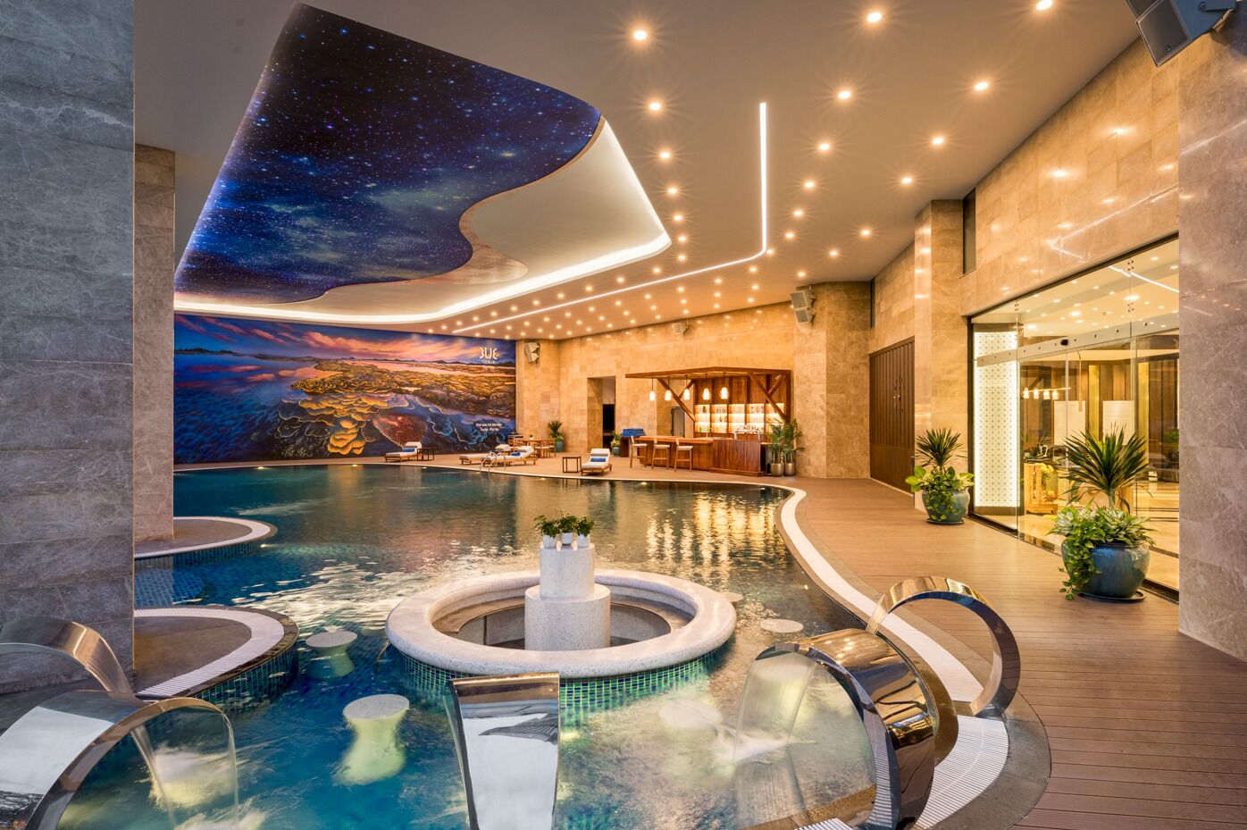 Outdoor pool, pool umbrellas, pool loungers