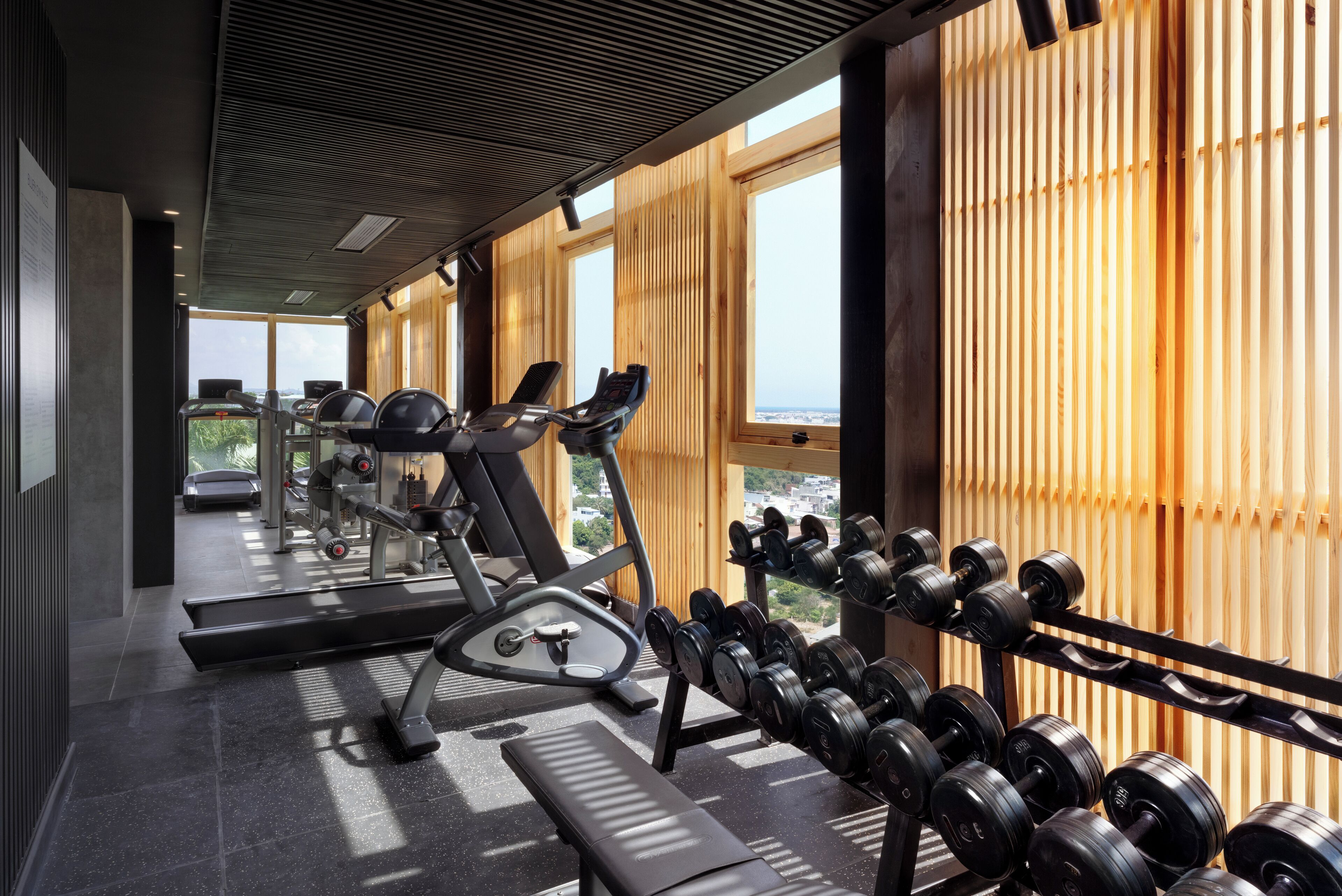 A gym with treadmills, dumbbells, and exercise equipment.