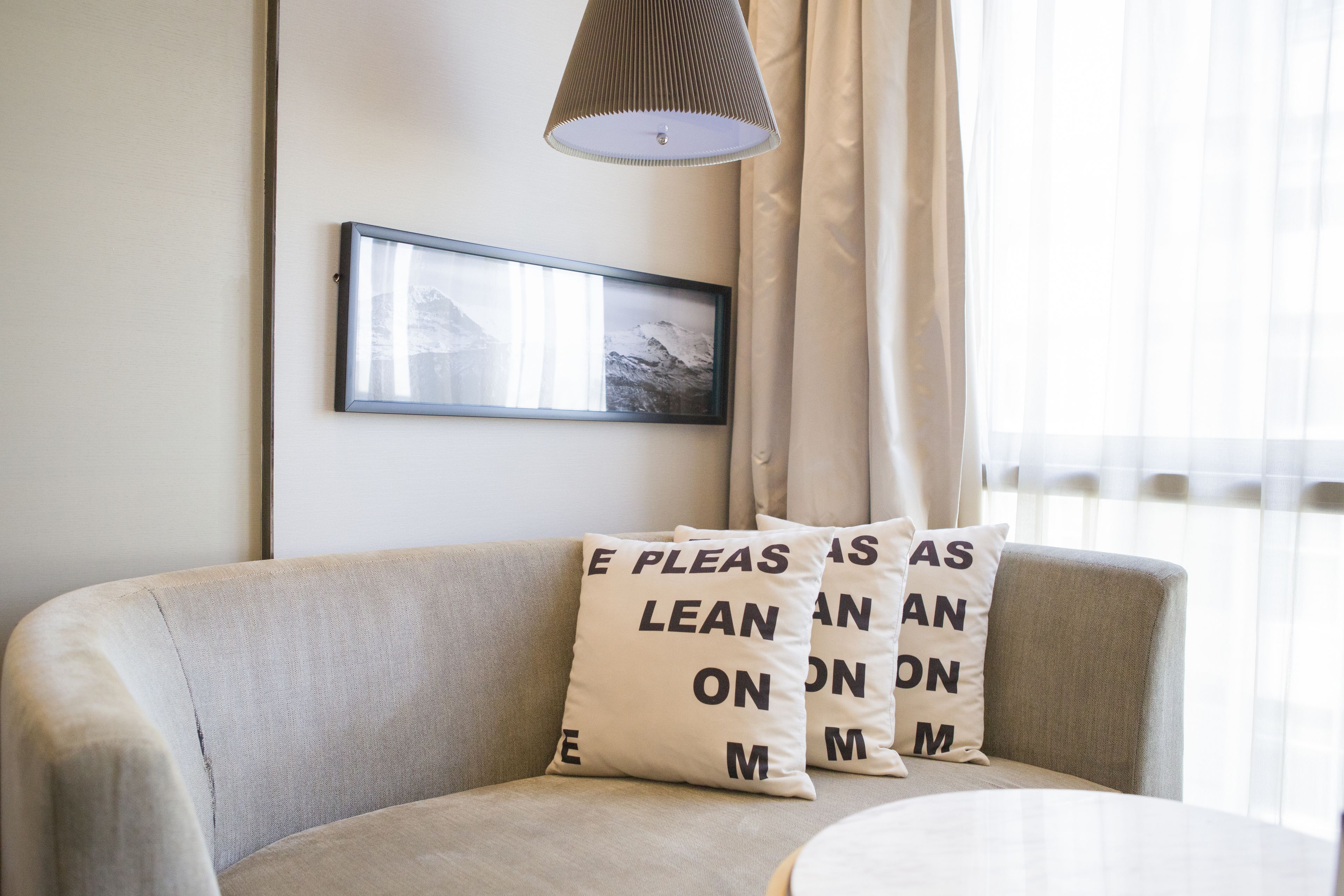 A modern living room with a sofa, two decorative pillows, a framed picture on the wall, and a hanging lamp.
