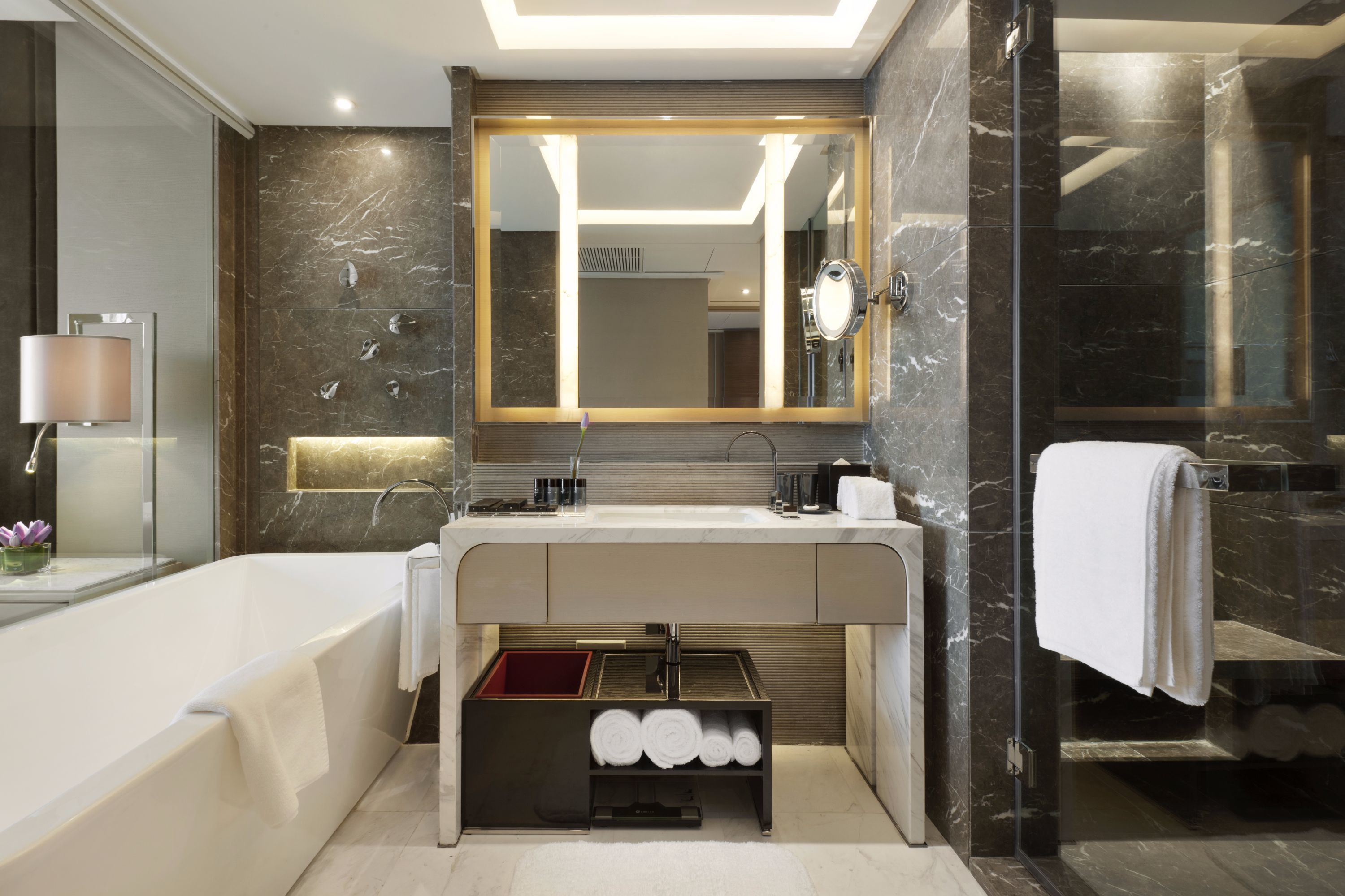 separate bathtub and shower, deep-soaking bathtub, free toiletries