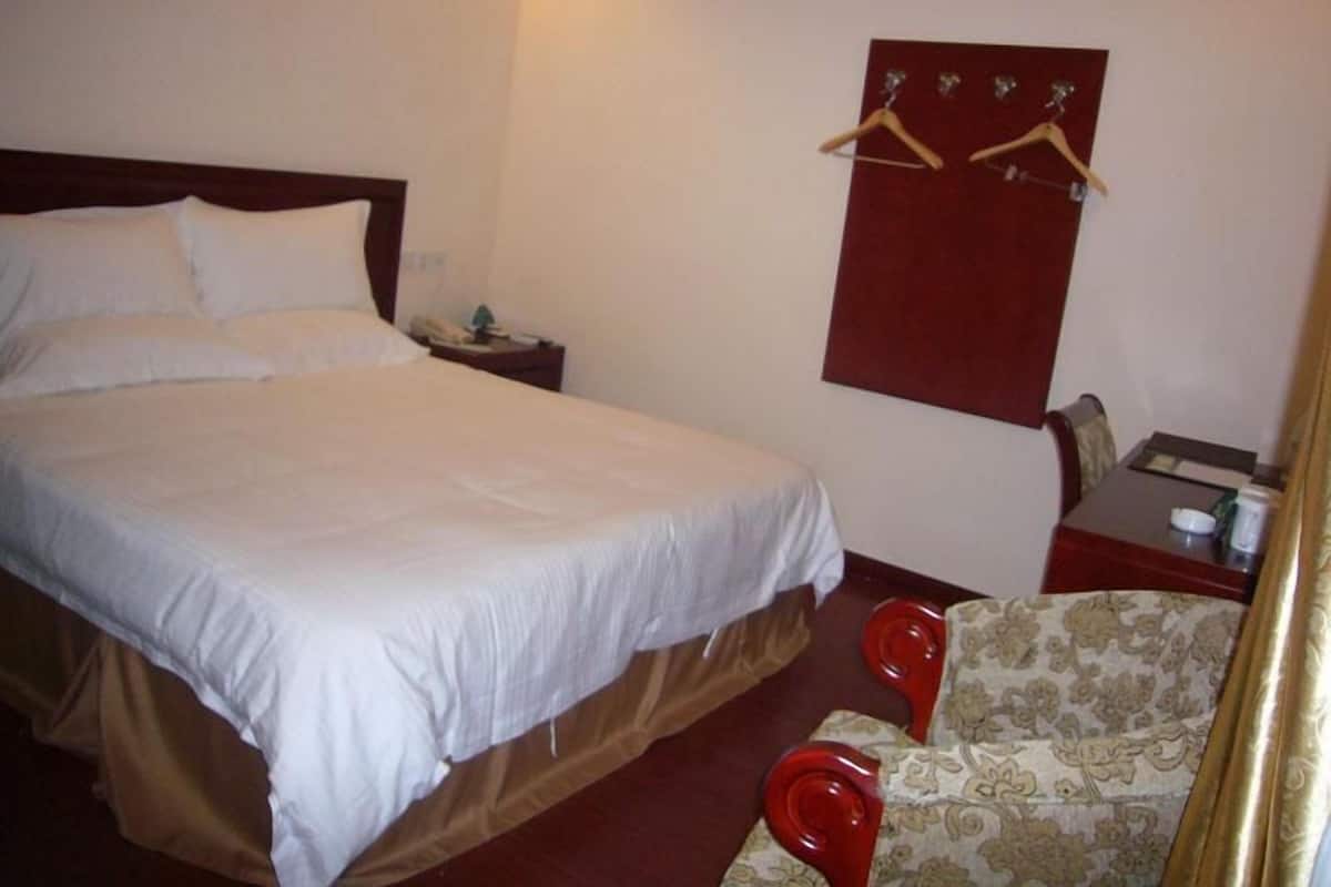 A hotel room with a large bed, a bedside table with a lamp, a chair, and a coat rack with hangers.
