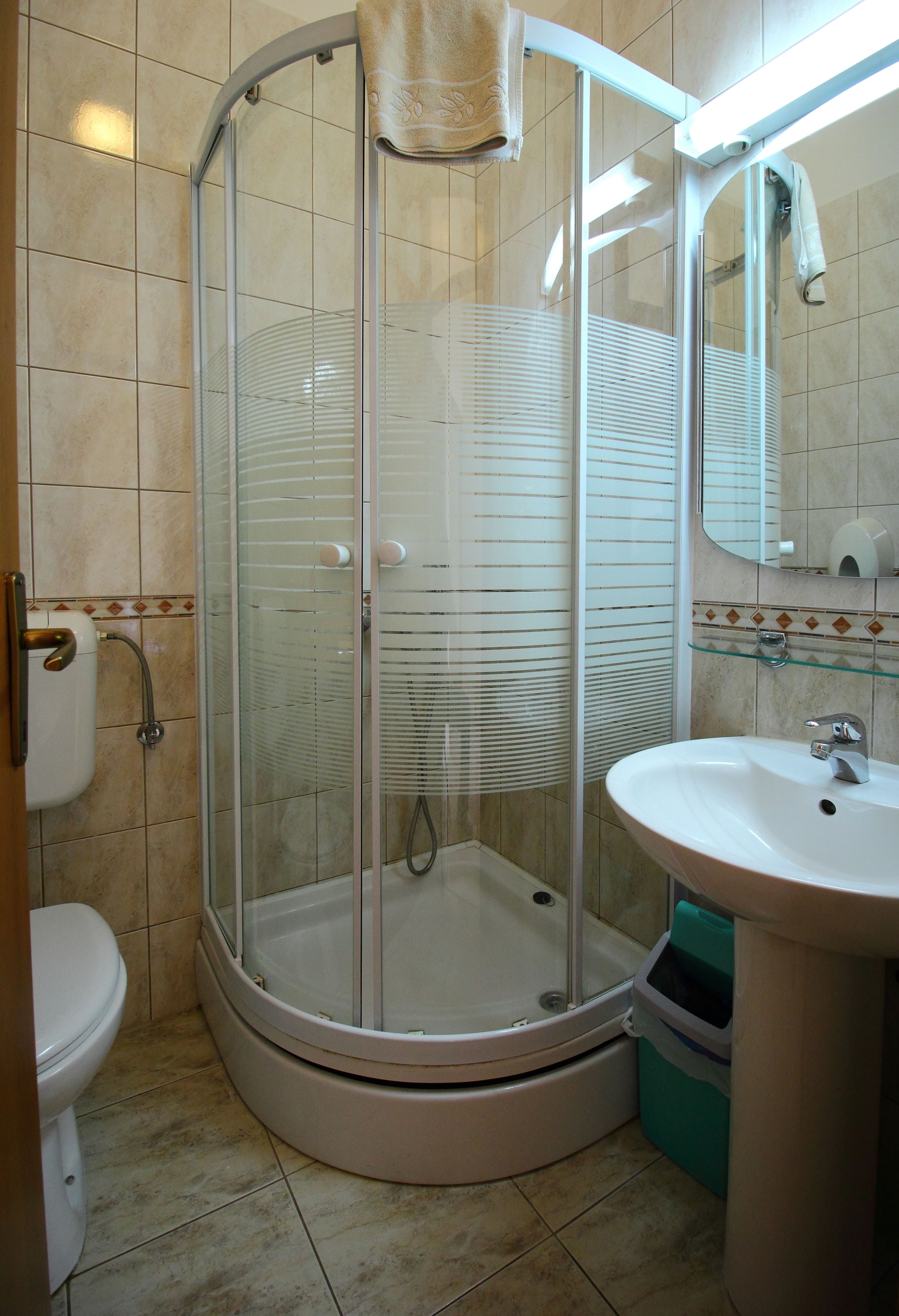 A bathroom with a glass-enclosed shower, a sink, and a toilet.