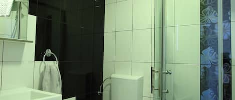 A modern bathroom with a glass-enclosed shower, a white sink, and a toilet.